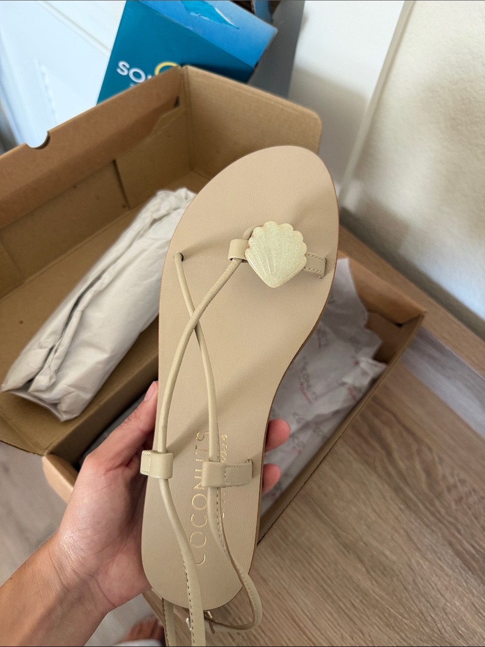 Women’s Beige Shell-Accent Strappy Sandals